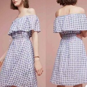Anthropologie off the shoulder belted bow gingham dress